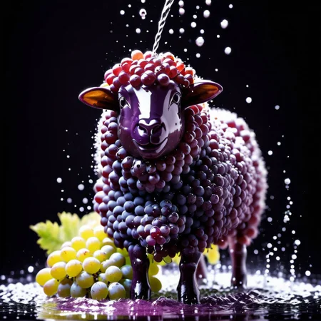 sheep hair made of grapes, splash water, flashing particles, depth of field, clean background, made from grapes
