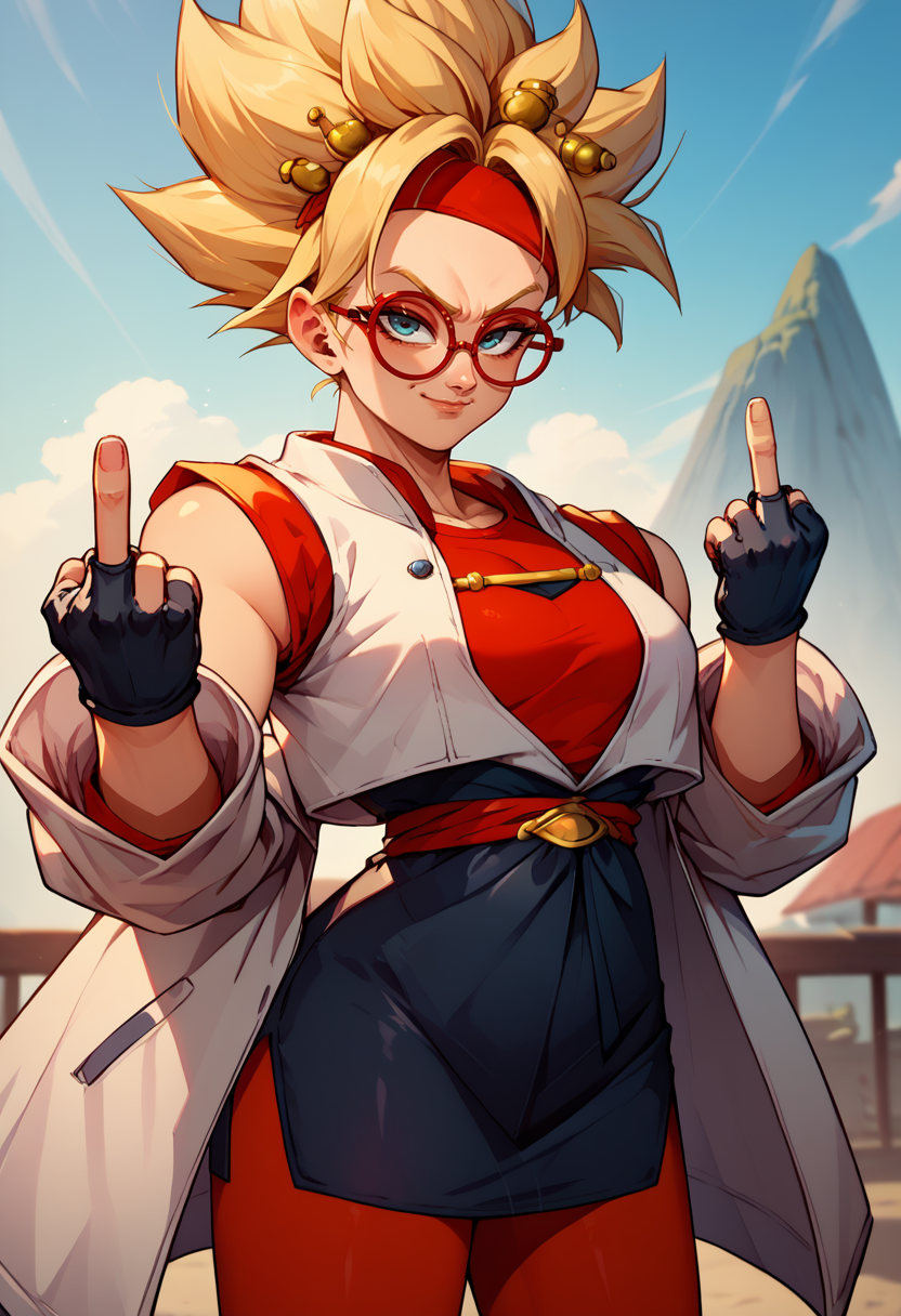 score_9, score_8_up, score_7_up, 1girl, spiked hair, super saiyan, <lora:SuperSaiyanHair_pdxl_Incrs_v1:1>, blonde hair, shiny, cowboy shot, seductive smile, looking at viewer,  <lora:purah-pdxl-nvwls-v1:0.8> purah, hair ornament, red headband, red glasses, sleeveless shirt, white coat, black skirt, red leggings, gloves, middle finger,