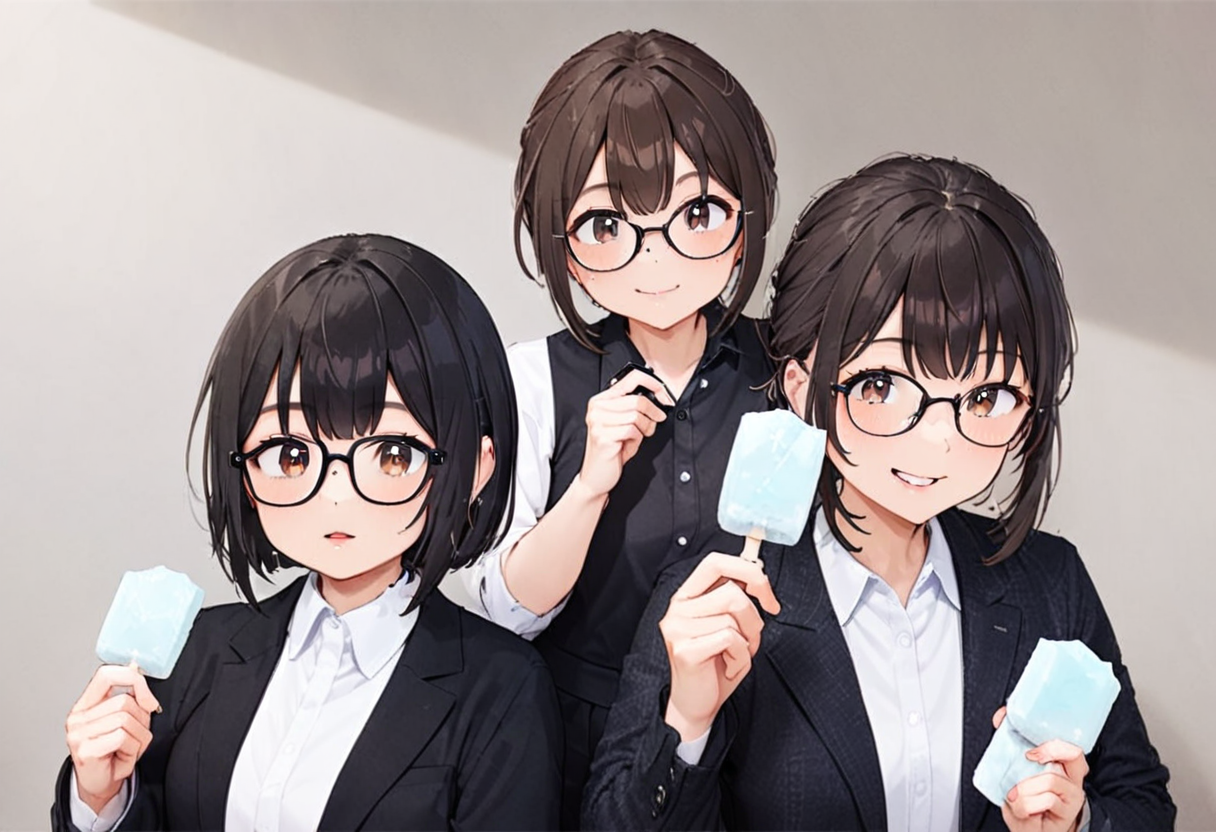 masterpiece, best quality, very aesthetic, absurdres,
garigarikun, food, 3girls, shirt, looking at viewer, white shirt, jacket, black hair, collared shirt, holding, black shirt, parted lips, black jacket, brown hair, holding food, formal, short hair, open clothes, smile, glasses
 <lora:garigarikun_SDXL_V1:1>