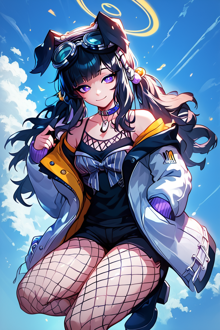 score_9, score_8_up, score_8, medium breasts, (curvy), cute, eyelashes,       BREAK, , ,,, zzHibiki, yellow eyes, black hair, long hair, animal ears, dog ears, dog tail, halo, (black shirt), white jacket, open jacket, black shorts, boots, fishnet pantyhose, off-shoulder, dog tags, purple eyes, <lora:Hibiki_BlueArchive_PDXL_v2:0.8>,   ,,,, BREAK, embedding:zPDXL, Expressiveh, ,,, <lora:EnergyCAT:1.0>, solo, smile, looking at viewer, aura, blue sky, ,,, <lora:SDXLFaeTastic2400:0.5>, <lora:Expressive_H-000001:0.4>,