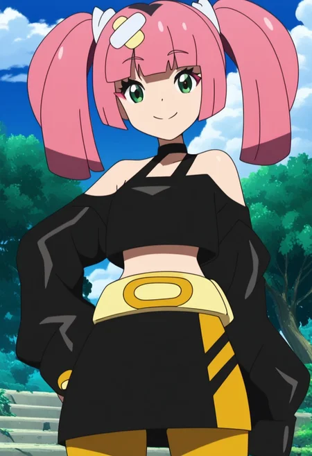 score_9, score_8_up, score_8, medium breasts, (curvy), cute, eyelashes, BREAK,
zzCoral, pink hair, twintails, blunt bangs, hair ornament, belt, long sleeves, sleeves past fingers, black skirt, black choker, black crop top, bare shoulders, yellow belt, bandaid, midriff, collarbone,
(v), hand on hip, contrapposto, hip to the side,
,,,
outdoors, sky, day, cloud, tree, blue sky, sunny,
,,,
BREAK, cowboy shot, smile, looking at viewer, Expressiveh,