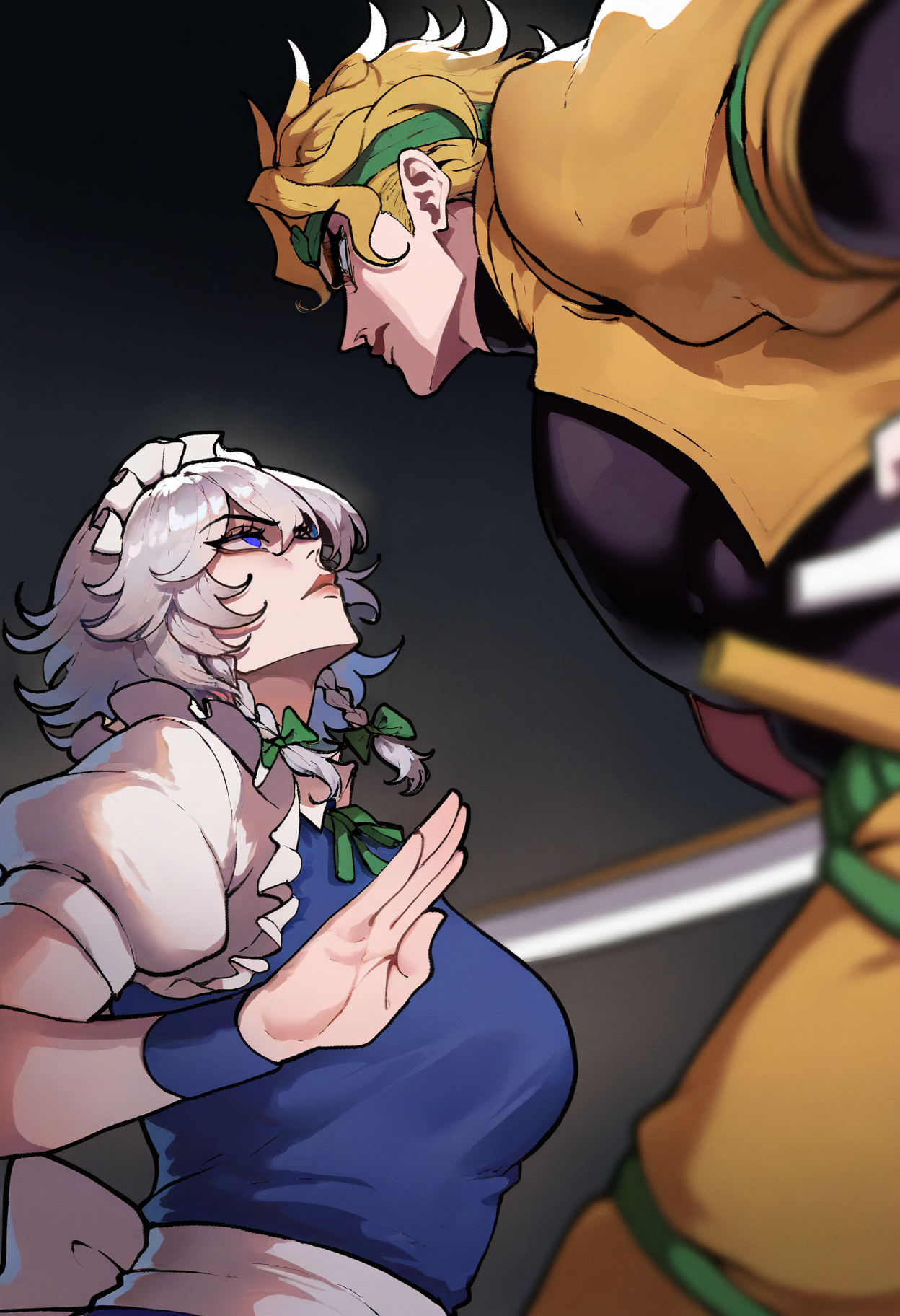 1girl,izayoi sakuya,1boy,dio brando,<lora:nyantcha nai 3.0:1>,th1ccw1thaq style,battle,expressionless,looking at another,standing,fighting stance,masterpiece,best quality,(newest:1.1),highres,depth of field,time stop,from side,
