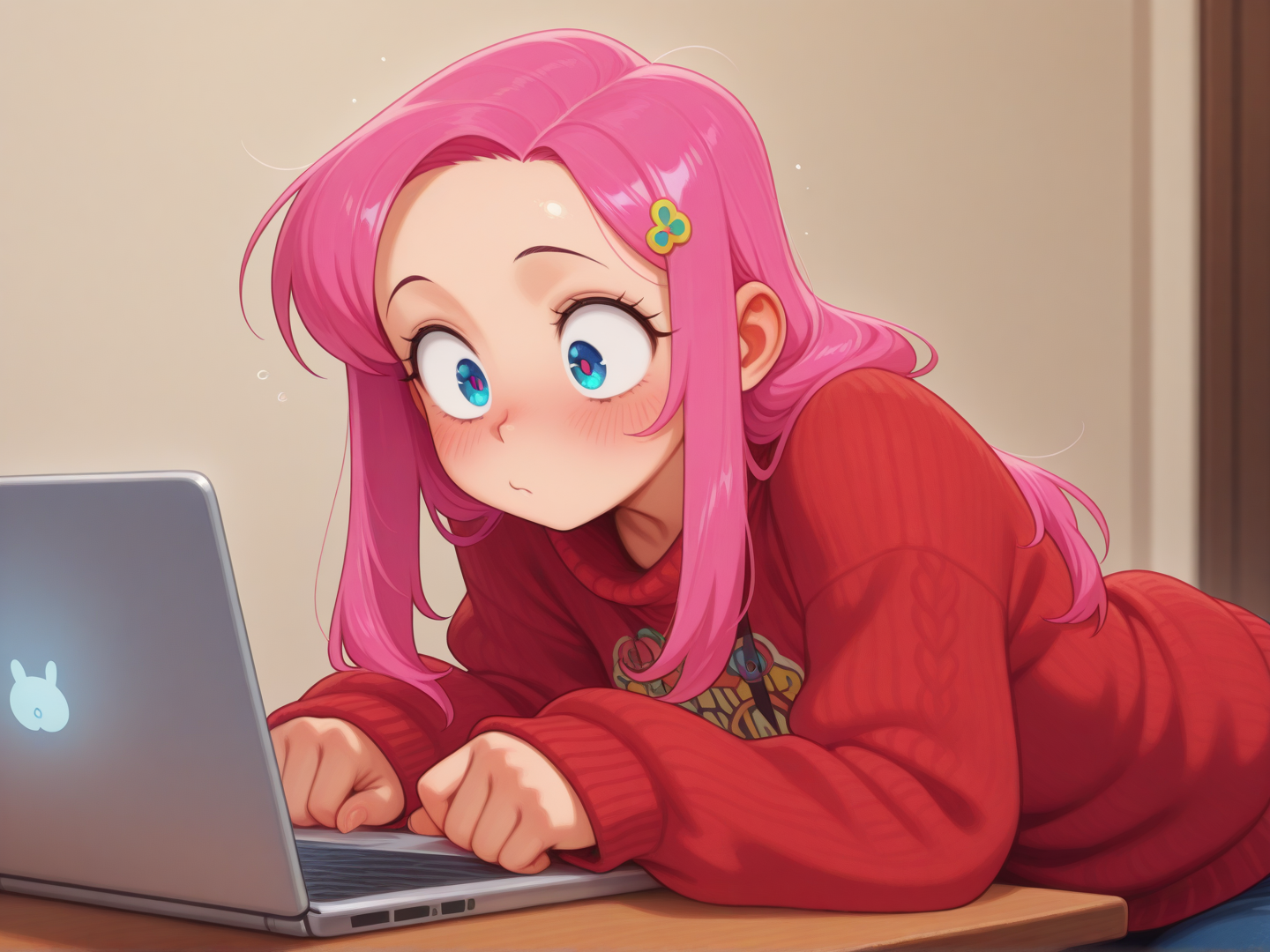 1girl, geek girl, watching BDSM porn on her laptop, blushing, secret arousal, oversized sweater still on, curious eyes, hint of desire
 <lora:DarkfireStyle17:1>