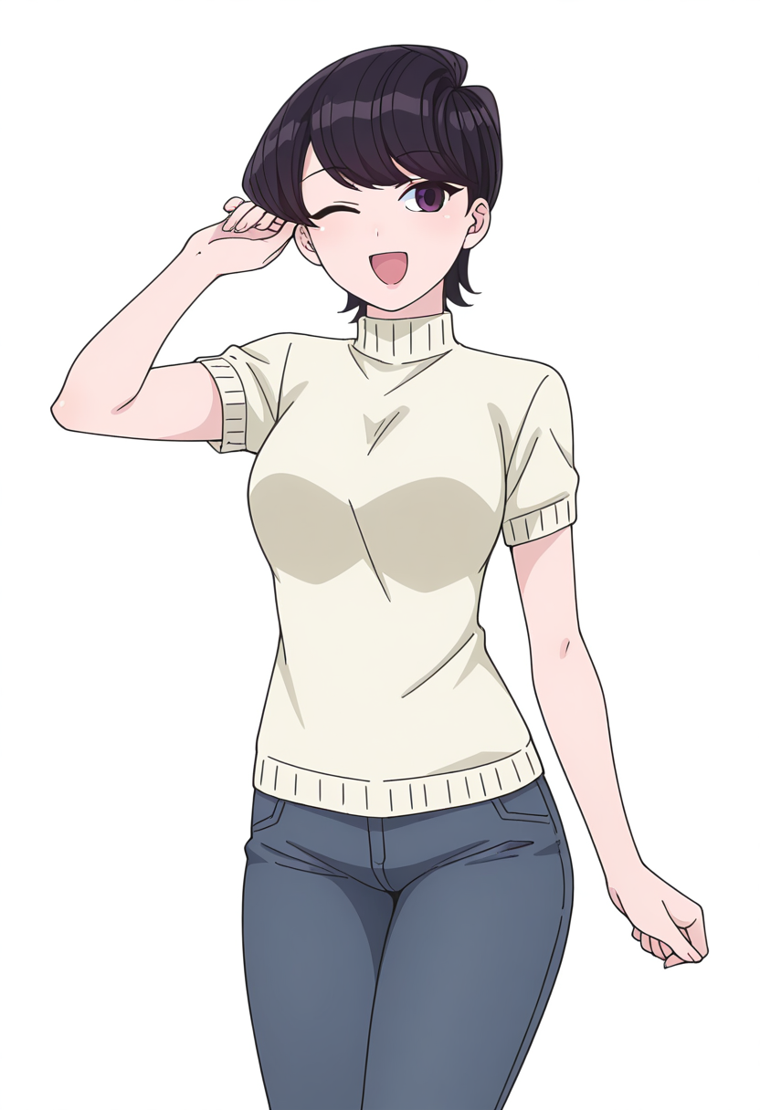 Smooth Quality,masterpiece,very intricate, high quality details, ultra realistic, high detailed skin,detailed enviorement,
simple background, white background,front view,;d,
 spats, ,unitard,  ,sweater, , <lora:Komi_Shuuko_cnn:0.8> komishuukocnn, 1girl,black hair, short hair, bangs, purple eyes,mature female,shirt, jeans, short sleeves,