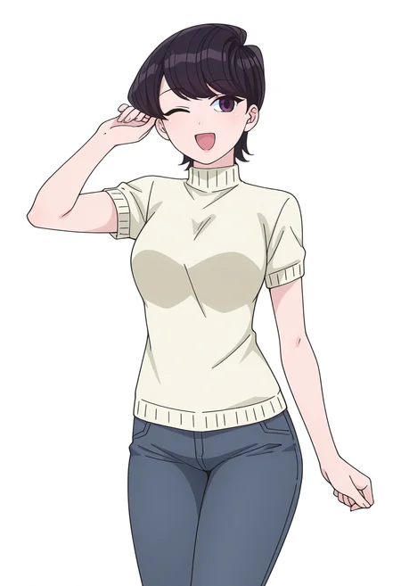 Smooth Quality,masterpiece,very intricate, high quality details, ultra realistic, high detailed skin,detailed enviorement,
simple background, white background,front view,;d,
 spats, ,unitard,  ,sweater, , <lora:Komi_Shuuko_cnn:0.8> komishuukocnn, 1girl,black hair, short hair, bangs, purple eyes,mature female,shirt, jeans, short sleeves,