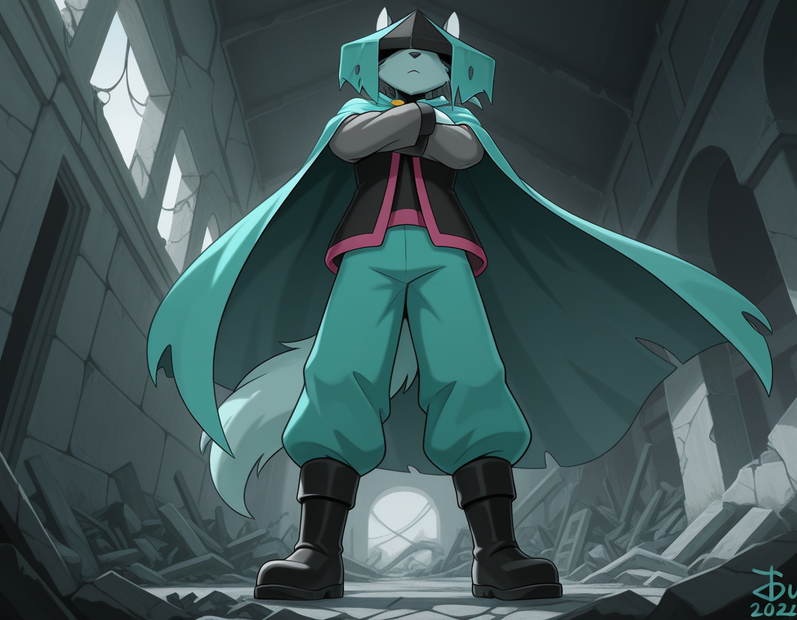 masterpiece,best quality, amazing quality, (du57aet, anthro, tail), ((male focus, 1boy, solo)), male, from below, hat over eyes, hat, cape, vest, pants, boots, arms crossed, ruins background<lora:Illustrious\dust-illustrious.safetensors:1.0:1.0>