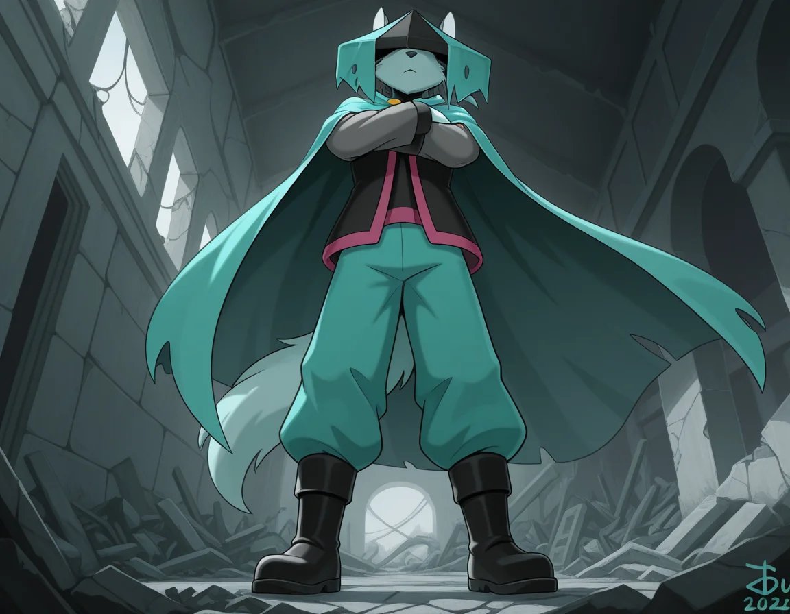 masterpiece,best quality, amazing quality, (du57aet, anthro, tail), ((male focus, 1boy, solo)), male, from below, hat over eyes, hat, cape, vest, pants, boots, arms crossed, ruins background<lora:Illustrious\dust-illustrious.safetensors:1.0:1.0>