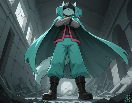 masterpiece,best quality, amazing quality, (du57aet, anthro, tail), ((male focus, 1boy, solo)), male, from below, hat over eyes, hat, cape, vest, pants, boots, arms crossed, ruins background<lora:Illustrious\dust-illustrious.safetensors:1.0:1.0>