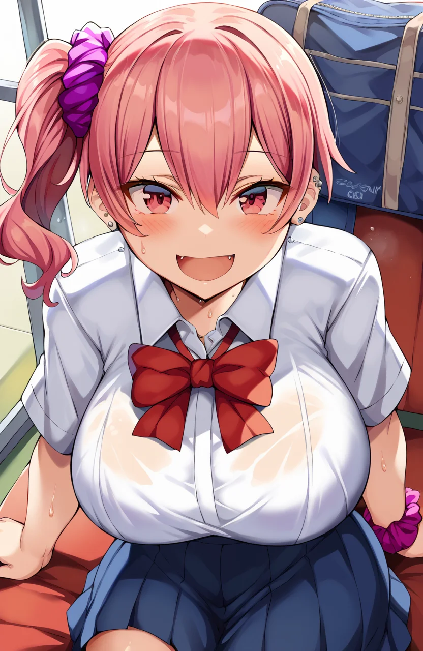 drawn in the artstyle of <lora:BelkoStyleGLora-XL-V1-000050:1.0>, score_9, score_7,
1girl, long hair, breasts, looking at viewer, blush, smile, open mouth, red eyes, bow, ribbon, hair between eyes, jewelry, sitting, school uniform, white shirt, pink hair, hair ribbon, short sleeves, :d, earrings, sweat, collared shirt, solo focus, medium hair, fang, bowtie, pink eyes, bag, huge breasts, red bow, side ponytail, piercing, scrunchie, ear piercing, red bowtie, school bag, stud earrings, wrist scrunchie, pink scrunchie, purple scrunchie
