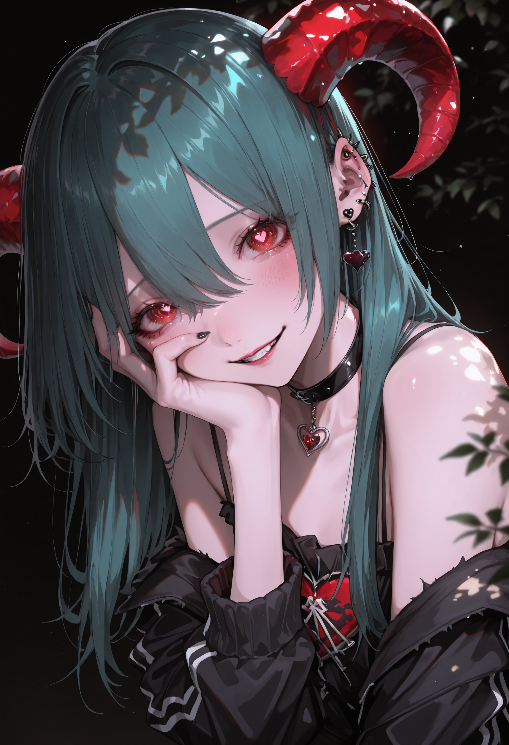masterpiece, best quality, newest, absurdres, highres, very awa, anime screencap, no lineart:1.3, korean, aegyo sal, perspective, dynamic angle, ambient occlusion, depth of field, simple background, ethereal glow, dappled light, black background, 1girl, smile, blush, horns, heart, solo, long hair, red eyes, looking at viewer, demon horns, piercing, red horns, green hair, crazy eyes, ringed eyes, glowing eyes, yandere, choker, black nails, ear piercing, upper body, head tilt, bare shoulders, jacket, demon girl, hair between eyes, symbol-shaped pupils, grin, earrings, jewelry, hand on own face, heart-shaped pupils, black choker, collar, aqua hair, profile, eye focus