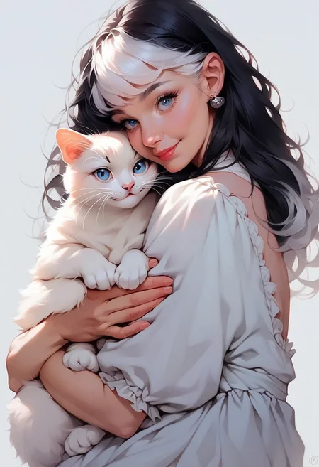 ,Score_9, score_8, score_7, realistic, 1woman, long black hair, white highlights, cute dress, hugging cat, p3tl0v3,