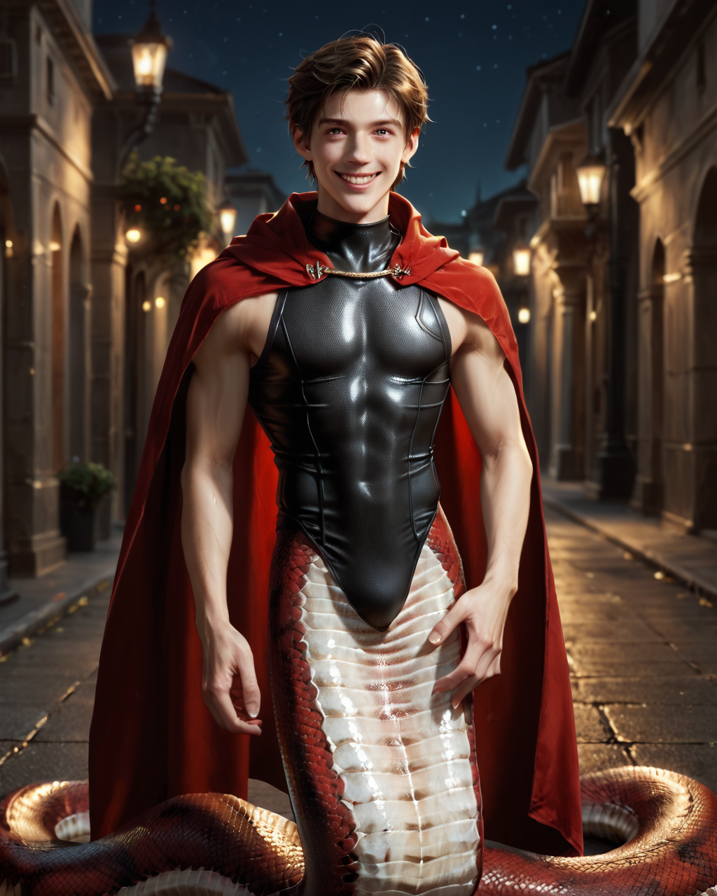 score_9, score_8_up, score_7_up, intricate details, rating_questionable,
<lora:homri52:1>
,
<lora:Lamia:0.8>, 1boy(lamia, monster boy, snake body, scales, hybrid, looking at the viewer, solo, happy, 
red cloak, sleeveless tight bodysuit), outdoors, at night, darkness
,
highres,
detailed background, depth of field, 
<lora:ral-chrosc-clr:0.5>, ral-chrosc-clr,
<lora:Expressive_H:0.5>, Expressiveh,
<lora:xl_more_art-full_v1:0.3>,
<lora:add-detail-xl:0.3>,