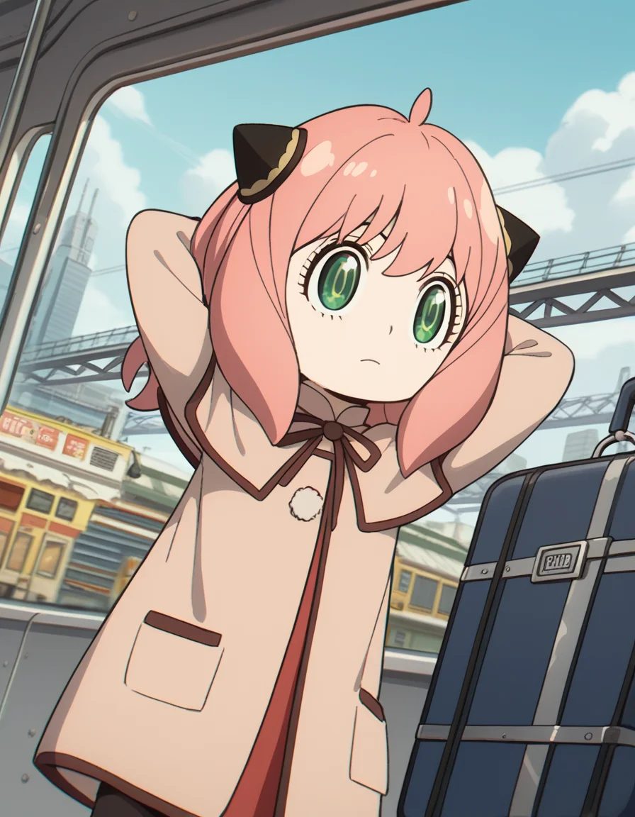 score_9, score_8_up, score_7_up, source_anime, <lora:anya-forger-movie-ponyxl-lora-nochekaiser:1>, anya forger, anya (spy x family), bangs, green eyes, pink hair, ahoge, child, female child, hairpods,, gloves, long sleeves, ribbon, brown gloves, capelet, robe,, train station, waiting for train, suitcase, traveling, commute, city skyline, hands behind back,, , , hands behind head,, solo,, cowboy shot, dutch angle,