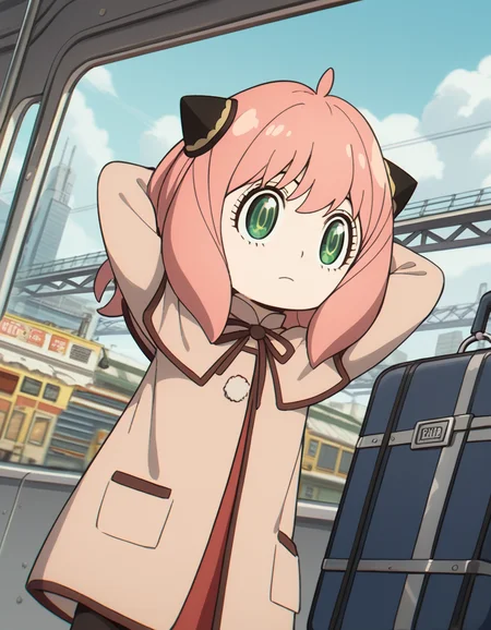score_9, score_8_up, score_7_up, source_anime, <lora:anya-forger-movie-ponyxl-lora-nochekaiser:1>, anya forger, anya (spy x family), bangs, green eyes, pink hair, ahoge, child, female child, hairpods,, gloves, long sleeves, ribbon, brown gloves, capelet, robe,, train station, waiting for train, suitcase, traveling, commute, city skyline, hands behind back,, , , hands behind head,, solo,, cowboy shot, dutch angle,