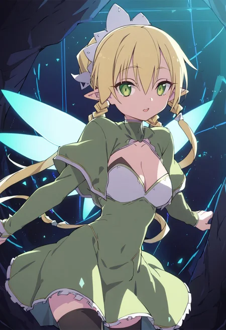 1girl,leafa, teeth, lips, thin lips, solo, looking at viewer, open mouth, upper body, masterpiece, best quality, very aesthetic
(Darken)
(masterpiece, best quality), solo,1girl, long hair, blonde hair, hair between eyes, green eyes, ponytail, braid, pointy ears, twin braids, thighhighs, cleavage, wings, green dress, fairy wings, fairy, multiple wings, spread wings, energy wings, glowing wings, green wings,