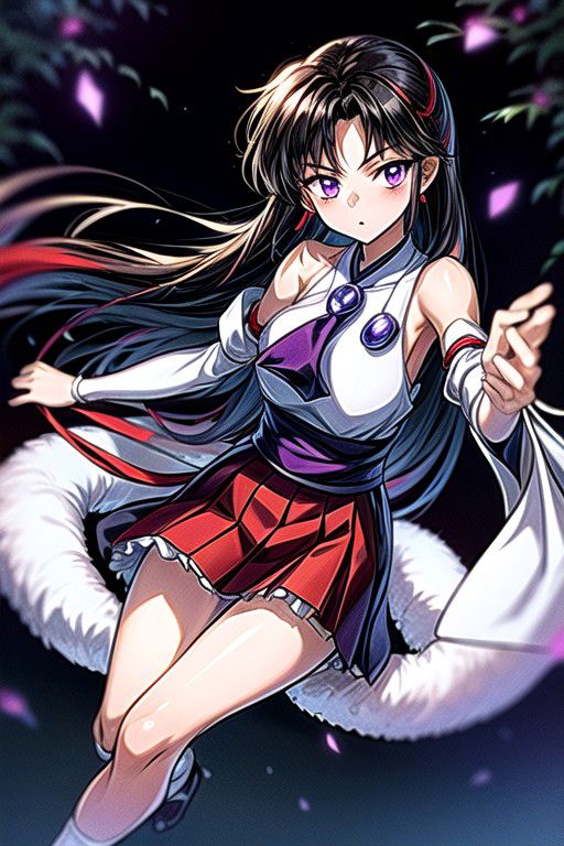 masterpiece,  best quality 1girl Setsun4 solo long hair,  (night time) forest background black hair very long hair purple eyes multicolored hair armor (fur trim) (medium body),<lora:EMS-179-EMS:0.800000>,<lora:EMS-293862-EMS:0.800000>ascot, bare shoulders, black footwear, detached sleeves, embellished costume, frills, japanese clothes, nontraditional miko, red skirt, sandals, sarashi, skirt, socks, white sleeves, white socks, wide sleeves, yellow ascot, zouri, armor, miko