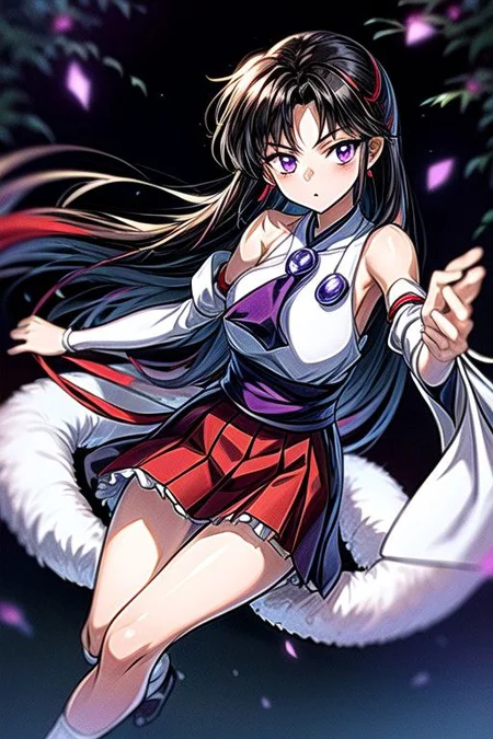 masterpiece, best quality 1girl Setsun4 solo long hair, (night time) forest background black hair very long hair purple eyes multicolored hair armor (fur trim) (medium body),<lora:EMS-179-EMS:0.800000>,<lora:EMS-293862-EMS:0.800000>ascot, bare shoulders, black footwear, detached sleeves, embellished costume, frills, japanese clothes, nontraditional miko, red skirt, sandals, sarashi, skirt, socks, white sleeves, white socks, wide sleeves, yellow ascot, zouri, armor, miko