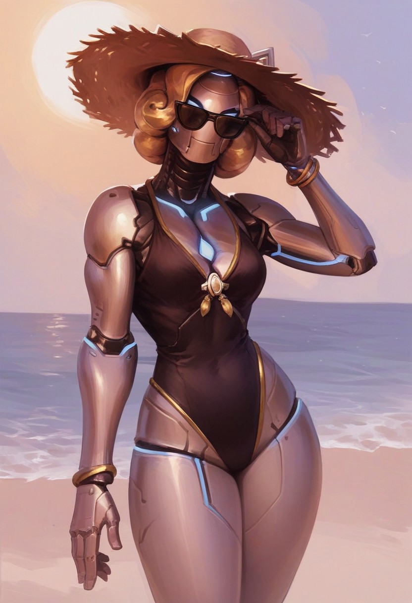 score_9, score_8_up, score_7_up, score_6_up, score_5_up, score_4_up, overwatch, solo, luna_ow, cowboy shot, robot, blonde hair, black leotard, sunglasses, straw hat, beach, outdoors, sea, sun