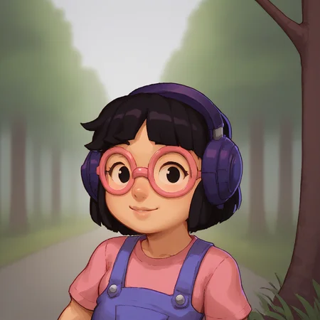score_9, score_8_up, BREAK, Valerie, 1girl, solo, black hair, short hair, black eyes, headphones, round eyewear, pink t-shirt, blue overalls, upper body, <lora:Valerie_RE_Spelunky2_PXL_Leaf1:1>, arms at sides, outdoors, forest, looking at viewer,