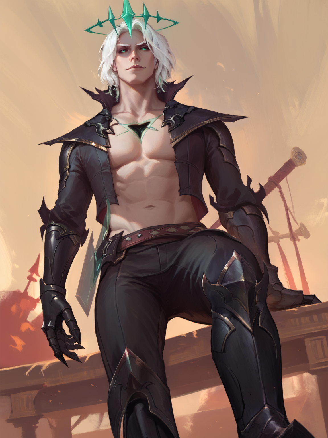 score_9, score_8_up, score_7_up, BREAK, Viego, 1man, solo, white hair, emerald halo crown, black wound in chest, high collar, short black jacket, black armored gauntlets, black pants, black armored boots, emerald Zweihander on his back, wodeipoi, sitting on squats, from below view, evil smirk <lora:ViegoNormal:1>  <lora:wodeipoi:1>