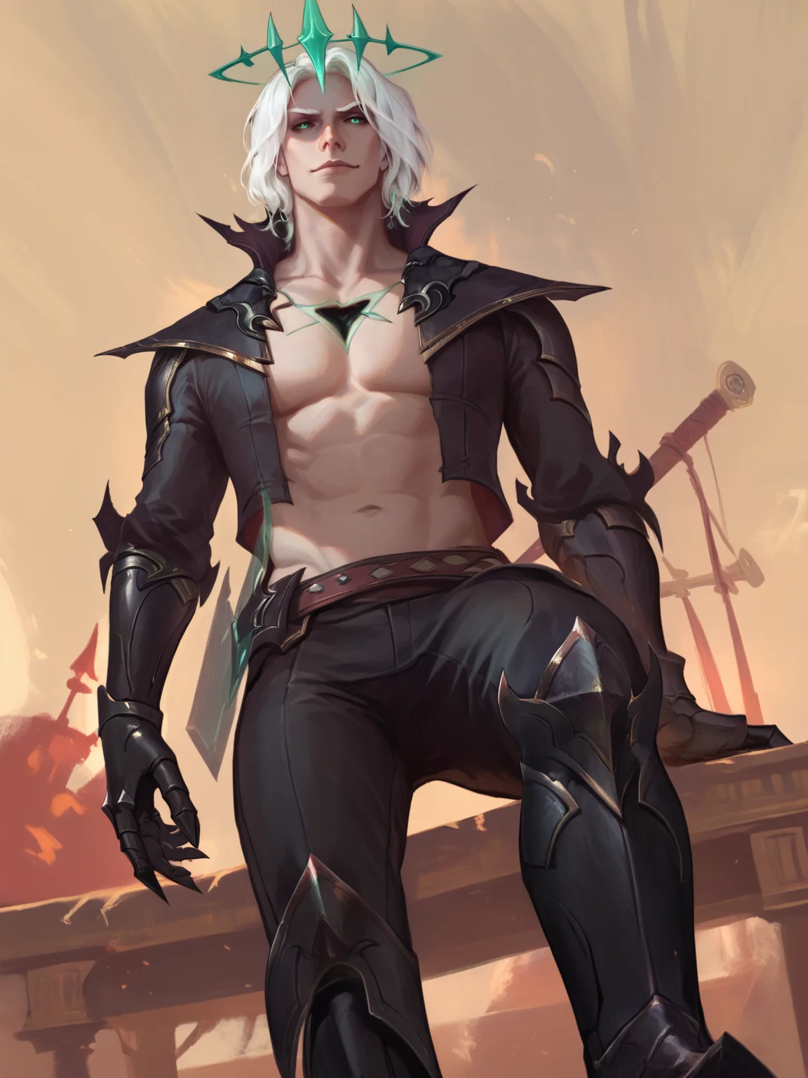 score_9, score_8_up, score_7_up, BREAK, Viego, 1man, solo, white hair, emerald halo crown, black wound in chest, high collar, short black jacket, black armored gauntlets, black pants, black armored boots, emerald Zweihander on his back, wodeipoi, sitting on squats, from below view, evil smirk <lora:ViegoNormal:1> <lora:wodeipoi:1>
