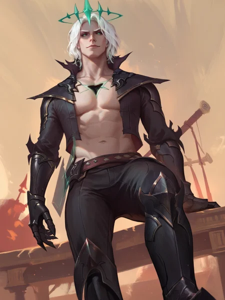 score_9, score_8_up, score_7_up, BREAK, Viego, 1man, solo, white hair, emerald halo crown, black wound in chest, high collar, short black jacket, black armored gauntlets, black pants, black armored boots, emerald Zweihander on his back, wodeipoi, sitting on squats, from below view, evil smirk <lora:ViegoNormal:1> <lora:wodeipoi:1>