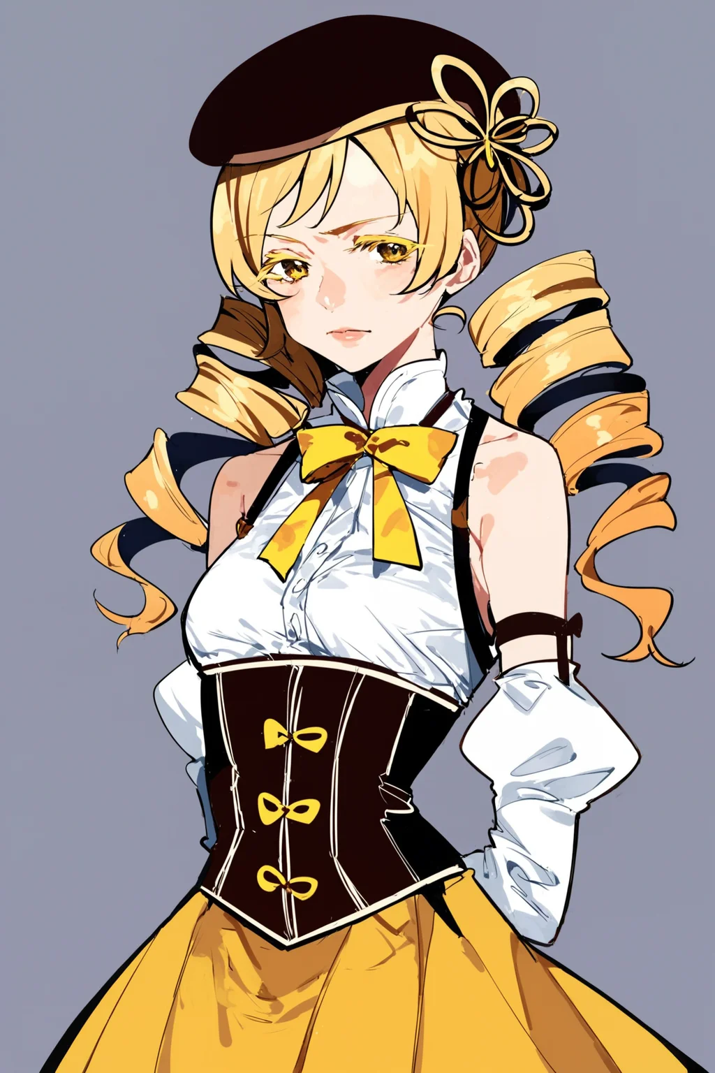 score_9, score_8_up, score_7_up, mahou shoujo madoka magica, tomoe mami, tomoe mami \(magical girl\), beret, black hat, blonde hair, collared shirt, colored eyelashes, corset, curly hair, detached sleeves, drill hair, fingerless gloves, hat, magical girl, medium hair, neck ribbon, ribbon, skirt, twin drills, white shirt, yellow eyes, yellow ribbon, yellow skirt, solo, solo focus, cowboy shot, grey background, Posing with hands behind the back, looking serious., <lora:satou_t:0.8>âââ