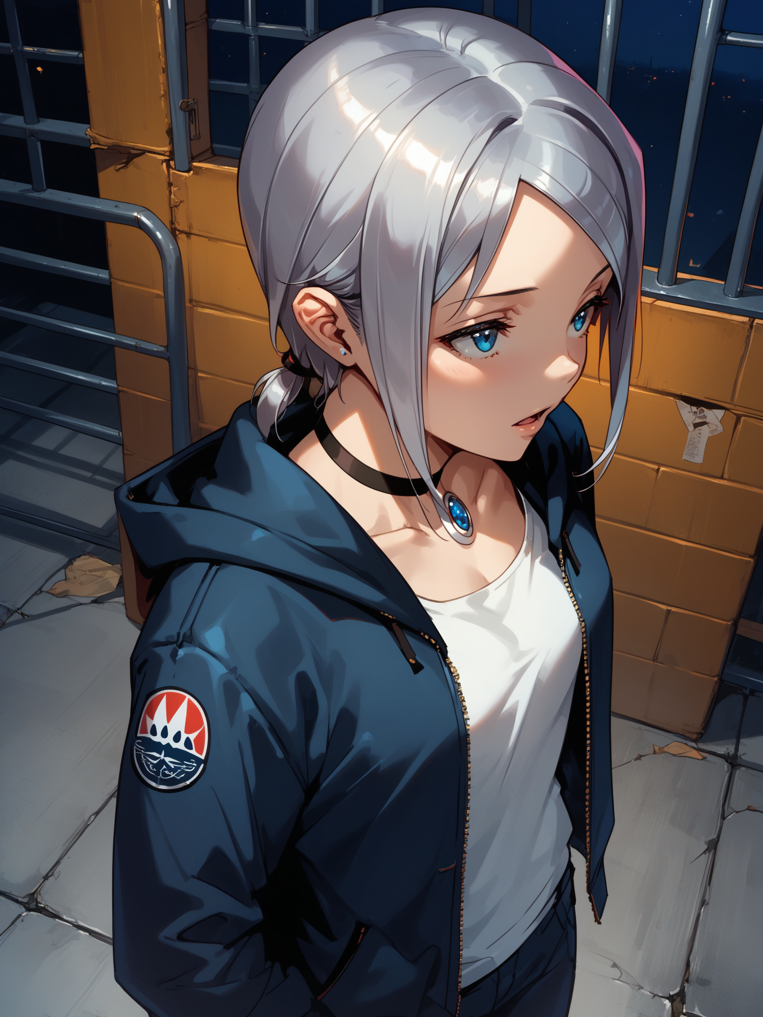 (, solo focus:1.2) <lora:happy_tentacle-leia-v0.1-000033:1>, ht_leia, silver hair, blue eyes, pendant choker, (fangs:0.6), (petite:1.2), <lora:Shed_The_Skin's StS_age_slider_v1_initial_release:-1.3> ( (neck ribbon :1.1) (jacket :1.1) :1.1) (perky breasts:1.2) ( , , ( :1.2) , parted lips , (looking at another:1.2) :1.1) , outdoors, vegetation, ( :1.1), , (night, night sky :0.6), (blue sky:0.6) , (:0.5), , ( :0.9), (warehouse :1.2) (( from above :1.3) :0.8) score_9, score_8_up, score_7_up, score_6_up, score_5_up, score_4_up, ( [(realistic, photorealistic:1.3):(realistic:1.2):16] [(3d:1.2)::14] :1) <lora:LUUNA's Lunas-NijiJourney-SDXL-B2:0.35>, nijijourney <lora:prgfrg23's Counterfeit-V3.0 Style SDXL_LoRA_Pony Diffusion V6 XL:0.5> <lora:mfcg's mfcgXL:0.12> <lora:reweik's gyokai(himehajime)_PonyXL_style_v01:0.14>