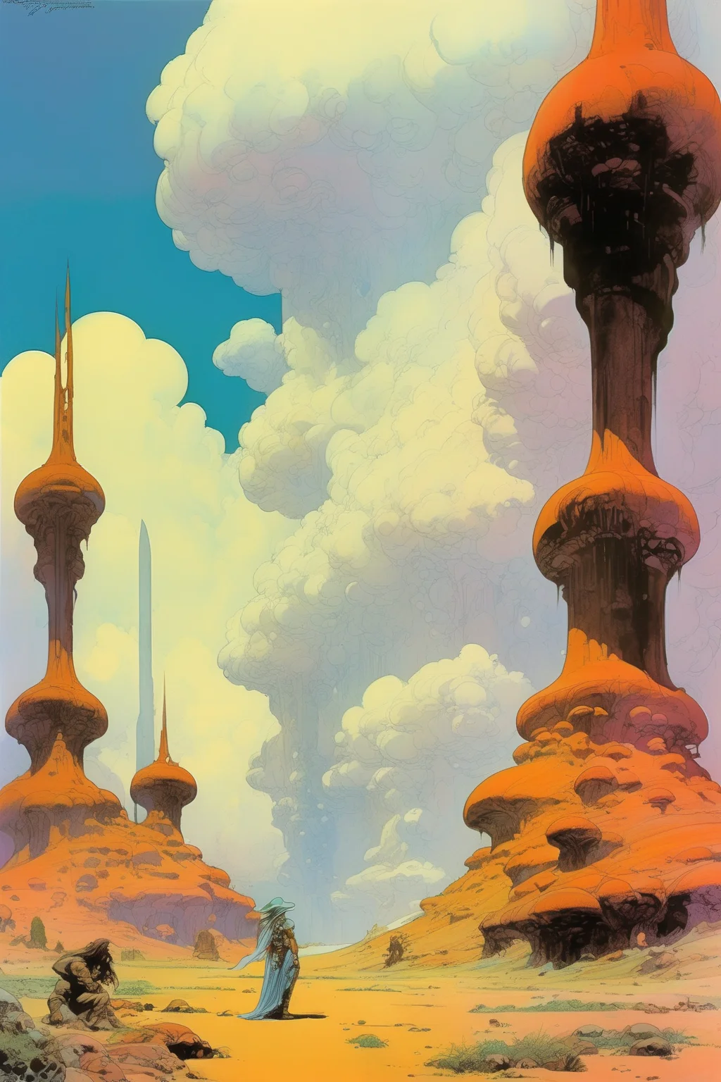 <lora:Ralph Bakshi Style:1>Ralph Bakshi Style - By Jean Giraud and Frank Frazetta and Moebius jungle fiery clouds