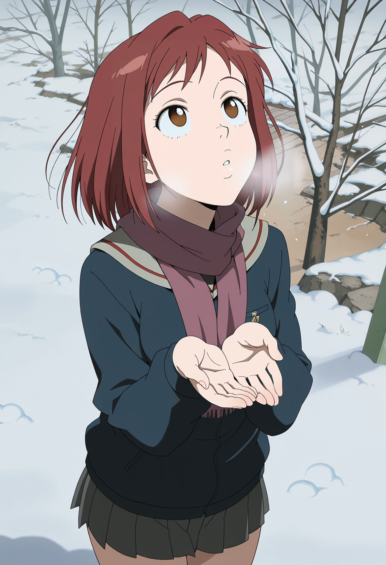 1girl,solo,mm,aged up,short hair,brown hair,red hair,brown eyes,anime coloring,
school uniform,serafuku,jacket,scarf,snow,breath,winter,looking up,outdoors,cowboy shot, cupping hands, 
,masterpiece,best quality,amazing quality,<lora:Mamimi_Samejima-FLCL_IL:0.9>