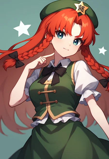 score_9,score_8_up,score_7_up,<lora:Touhou_pony:1>,1girl,hong_meiling,touhou,twin_braids,star_hat_ornament,green_hat,white_shirt,beret,green_vest,hair_bow,puffy_short_sleeves,black_bow,