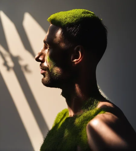 a man with moss, shadow and light, realistic photo, professional photo <lyco:SDXL_Grass_on_body_Test_Sa_May:1.0>
