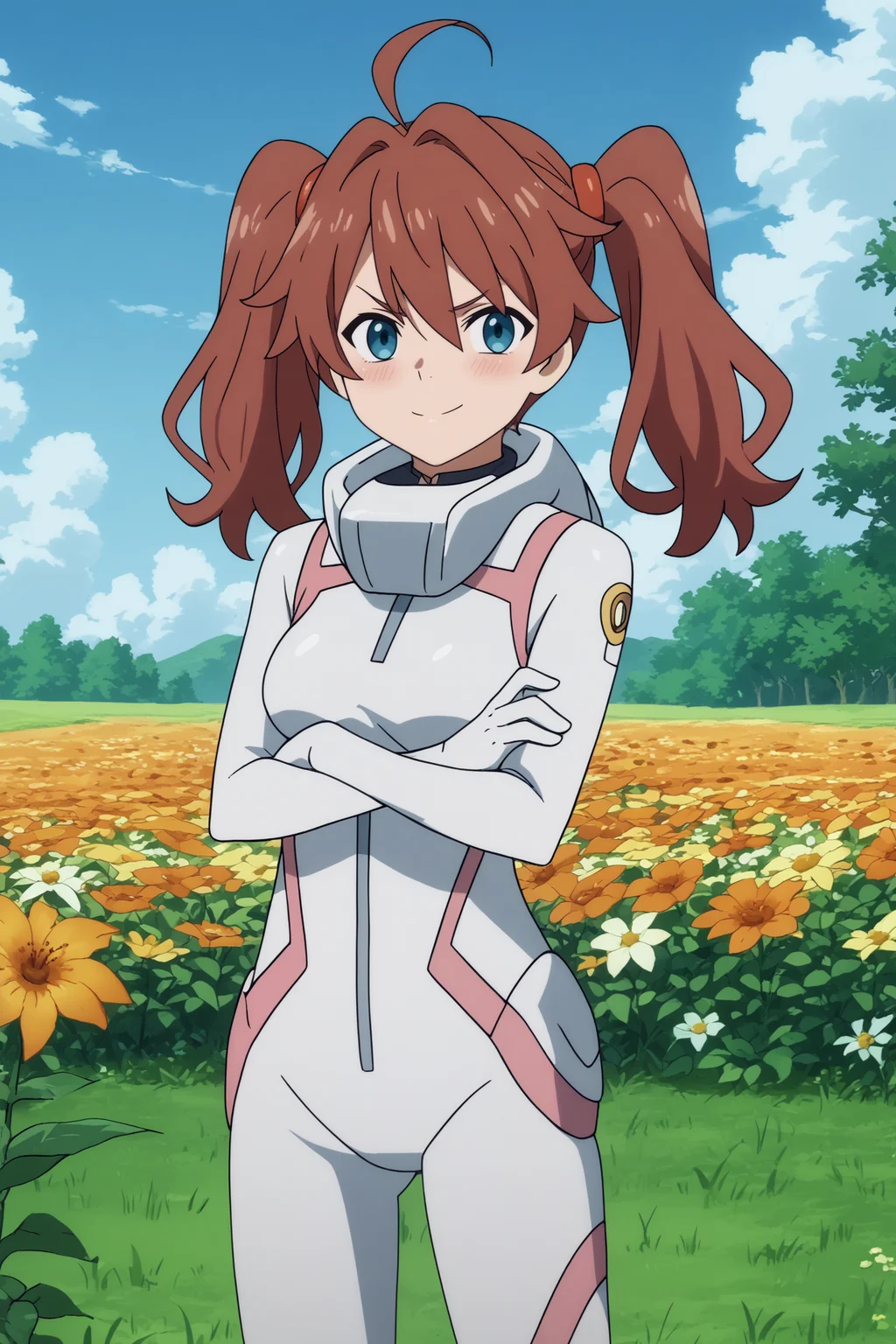 kokoro,1girl,solo,long hair,twintails,ahoge,bodysuit,white bodysuit,pilot suit,long hair,crossed arms,cowboy shot,smirk BREAK outdoors,blue sky,cloudy_sky,orange flower,flower field,tree <lora:Miku_-_Darling_in_the_franxx.safetensors:0.8> <lora:detailed_backgrounds_v2.safetensors:0.5>