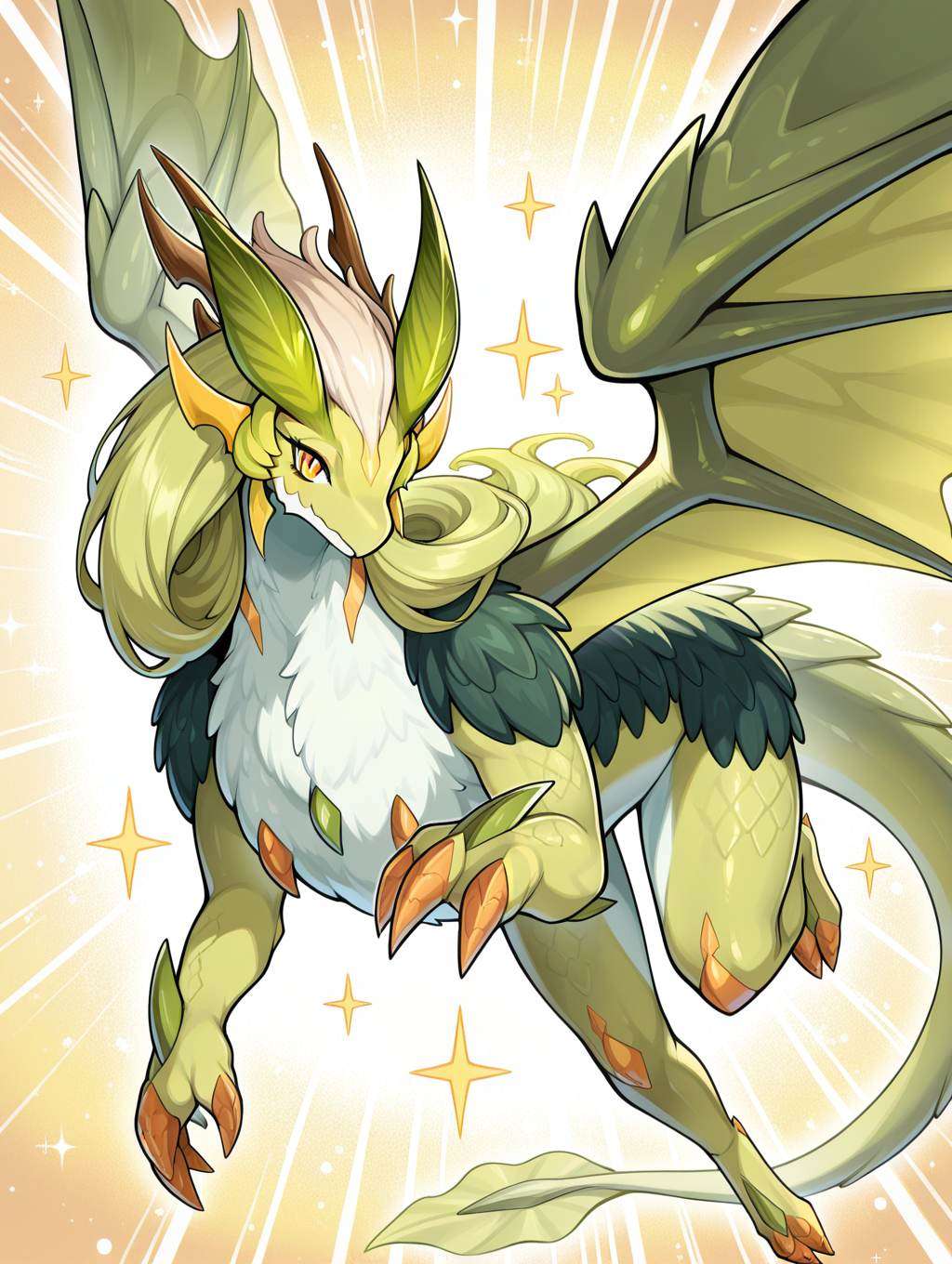1other, green dragon, dragonmaid lorpar, spread wings, solo, sparkle, sparkle background, flying, animal focus, no humans, furry female, looking at viewer, full body, claws,
masterpiece,best quality,amazing quality,very aesthetic,absurdres,newest,<lora:parlor dragonmaid illuXL v1.1:0.74>,