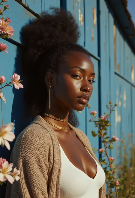 A fashion model with high ponytail hairstyle and rich, smooth dark skin stands in front of a old farm barn with ross and clear blue skies. She clad in cardigan over a crop white top, band gold choker. Her expression is soft, with a slight tilt to her head and a gentle gaze, she leans against a blue painted wooden wall. The scene is shot at eye level, with a medium close-up focus on her face and upper body. Soft, volumetric lighting from below casts a warm, natural glow, creating a realistic and intimate atmosphere. The background features blooming field, adding a rustic touch. Shot on a Hasselblad X2D 100C with a XCD 30mm f/3.5 lens, the image has a subtle film grain and a warm, golden color grading. aidmaMJ6.1