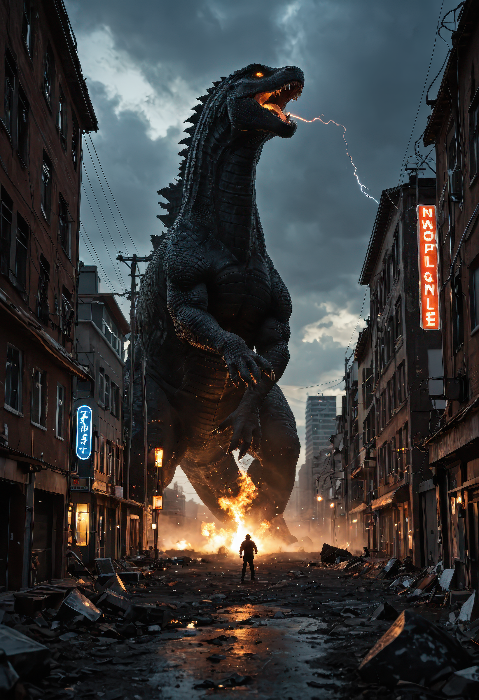 score_9, score_8_up, score_7_up, ultra-detailed, realistic, colossal kaiju, godzilla-like creature, roaring into the sky, massive tail, glowing dorsal fins, smoke and fire, ruined cityscape, collapsing buildings, panicked civilians in the distance, dramatic lighting, stormy sky, cinematic scale, lightning strikes, dust and debris, destroyed power lines, post-apocalyptic mood, night scene, neon glow from signage, intense atmosphere