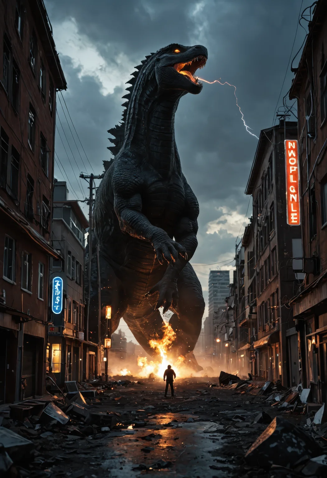 score_9, score_8_up, score_7_up, ultra-detailed, realistic, colossal kaiju, godzilla-like creature, roaring into the sky, massive tail, glowing dorsal fins, smoke and fire, ruined cityscape, collapsing buildings, panicked civilians in the distance, dramatic lighting, stormy sky, cinematic scale, lightning strikes, dust and debris, destroyed power lines, post-apocalyptic mood, night scene, neon glow from signage, intense atmosphere