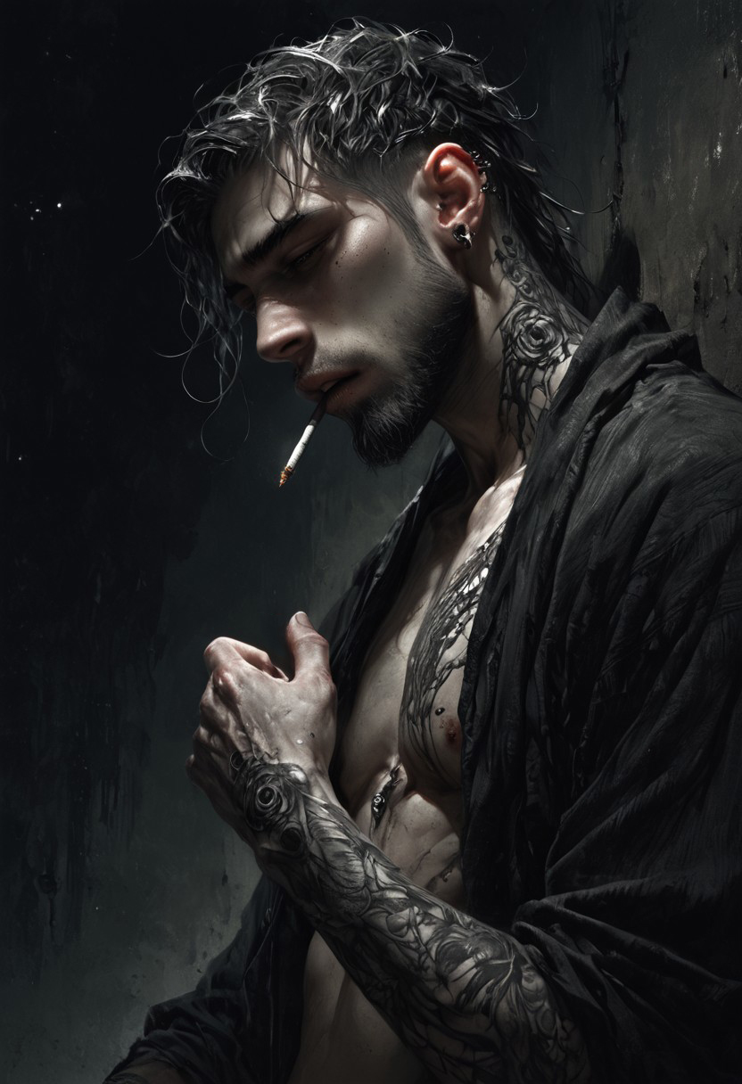 score_9, score_8_up, score_7_up, masterpiece, ultra-realistic 8k, (best quality), (lots of details:1.2), (intricate details:1.2), perfect male painting, (detailed painting:1.2), inrticate, realistic skin, (dark theme, muted colors, dark shot:2.2), (2 boys), masculine, (muscule:0.3), black medium hair, facial hair, perfect eyes, (tattooes:1.8), black jacket, bare chest, fingerless gloves, naked, gay anal sex from behind, rough sex, against the wall, perfect erection penis, open mouth, hold another's hand, put him close, looking at another, smoke cigarette, (covered by darkness), (night:2.2), dark alley, (low light:1.7), highres textures, Expressiveh