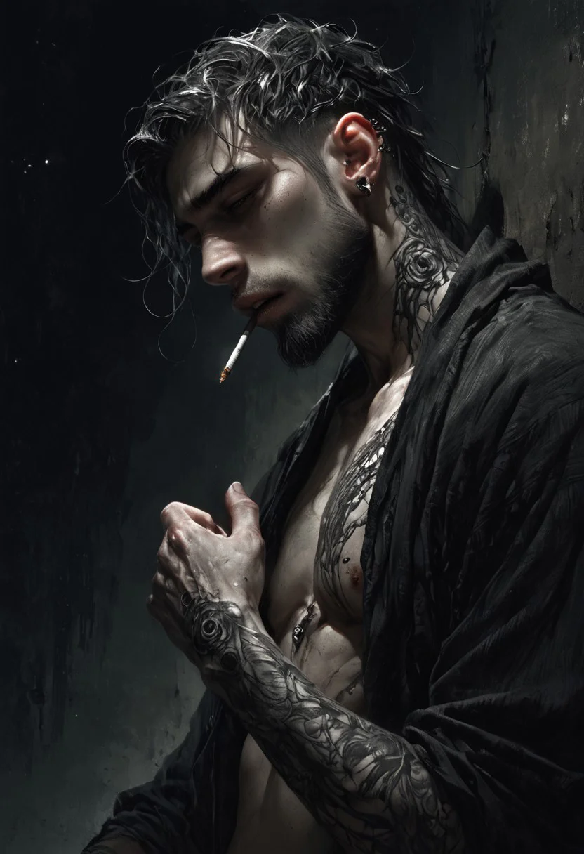 score_9, score_8_up, score_7_up, masterpiece, ultra-realistic 8k, (best quality), (lots of details:1.2), (intricate details:1.2), perfect male painting, (detailed painting:1.2), inrticate, realistic skin, (dark theme, muted colors, dark shot:2.2), (2 boys), masculine, (muscule:0.3), black medium hair, facial hair, perfect eyes, (tattooes:1.8), black jacket, bare chest, fingerless gloves, naked, gay anal sex from behind, rough sex, against the wall, perfect erection penis, open mouth, hold another's hand, put him close, looking at another, smoke cigarette, (covered by darkness), (night:2.2), dark alley, (low light:1.7), highres textures, Expressiveh