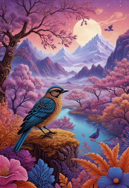 illustration in novuschroma02 style of a very detailed awesome bird, magical landscape with enchanted elements, fantasy art style, mocha theme, intricate details, ultra sharp, exquisite detail, flawless composition, vivid colors, masterpiece, soft textures, exciting background <lora:novuschroma02 style_c:1>