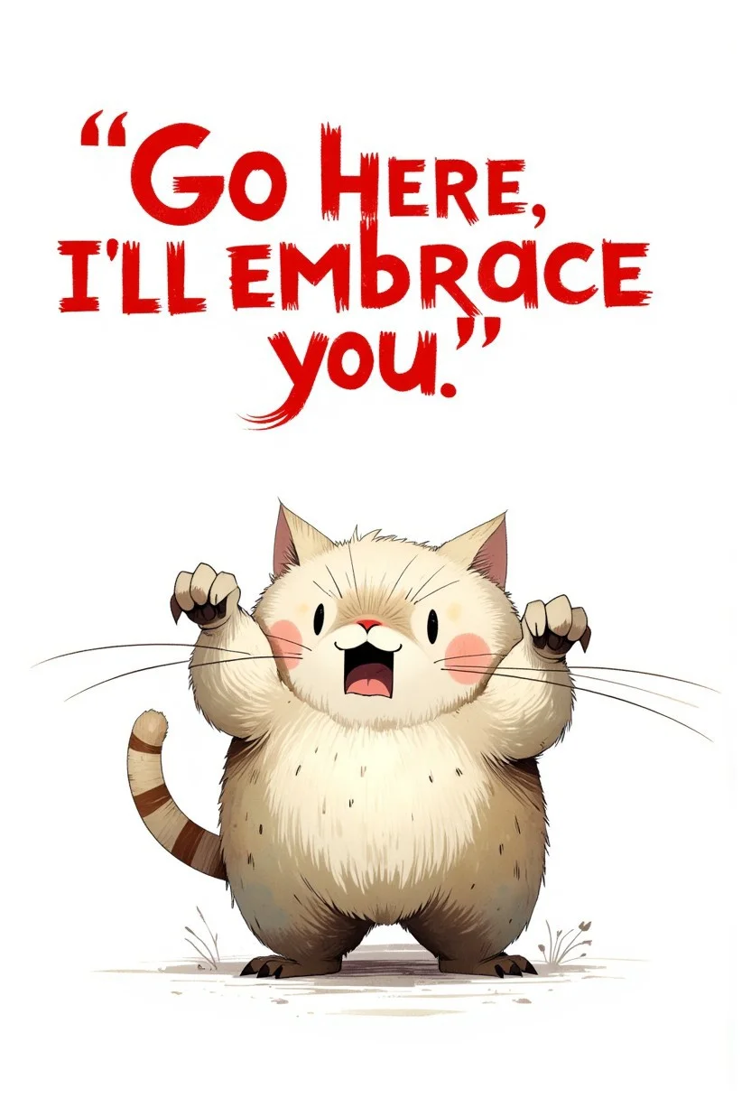 ppstorybook, Illustrate a cartoon Persian cat in a dynamic, defensive stance against a stark white background. The cat dominates the frame, positioned centrally with its fluffy, oversized paws raised aggressively, claws slightly extended. Its bushy tail arches upward, adding volume and tension. Above the cat, bold, jagged text reads: *“Go here, I’ll embrace you”* in fiery red lettering with a black outline, creating a stark contrast against the white backdrop.