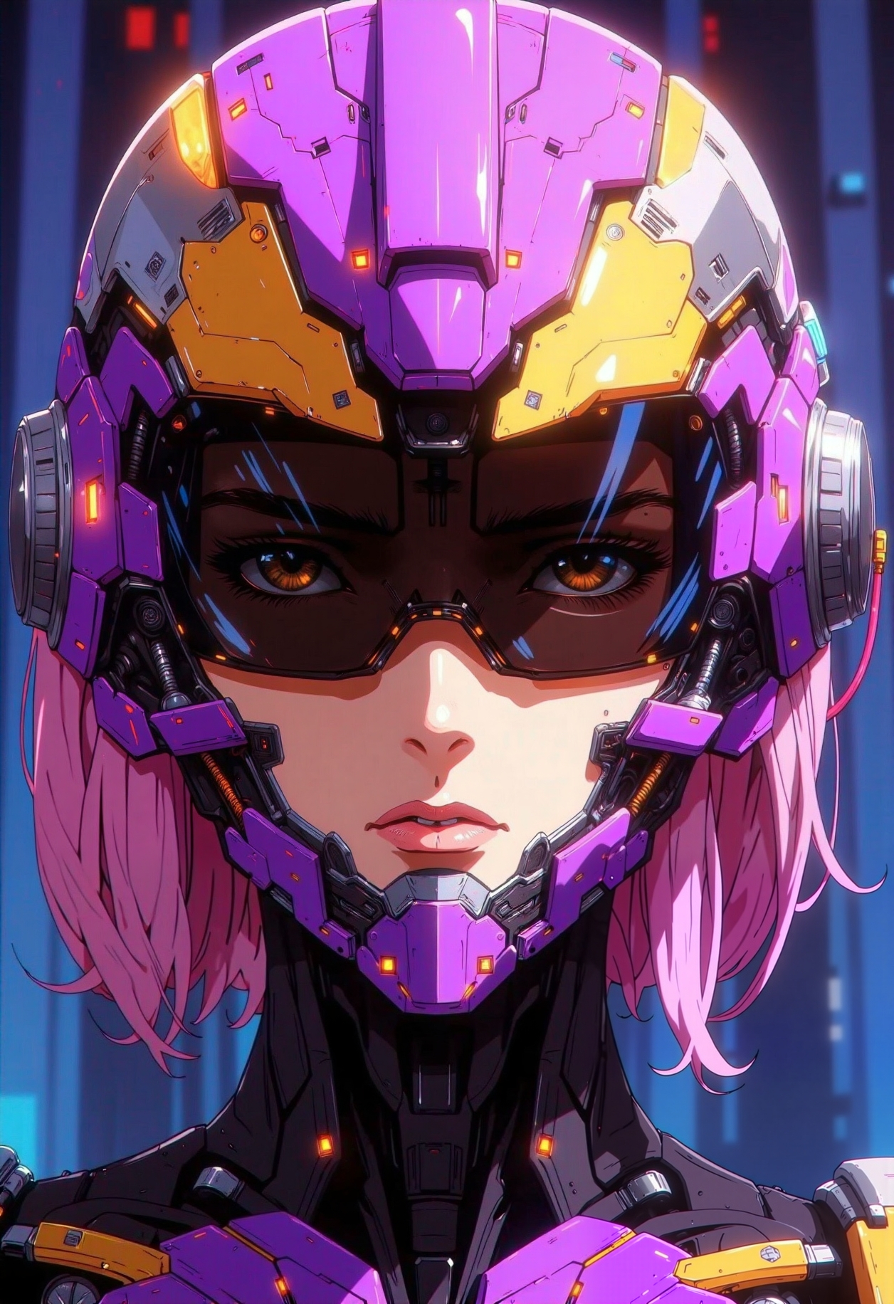 in the style of ckra, close up of a intricate detailed armored pink hair girl, wearing helmet, futuristic, technologic, panel, full face mask, combat technology, tech filigrane, gold, aluminium, purple metalized, studio anime, super_detailed, ultra_high_resolution, dynamic lighting, depth of field, deep shadow, mecha, neotech, glasstech