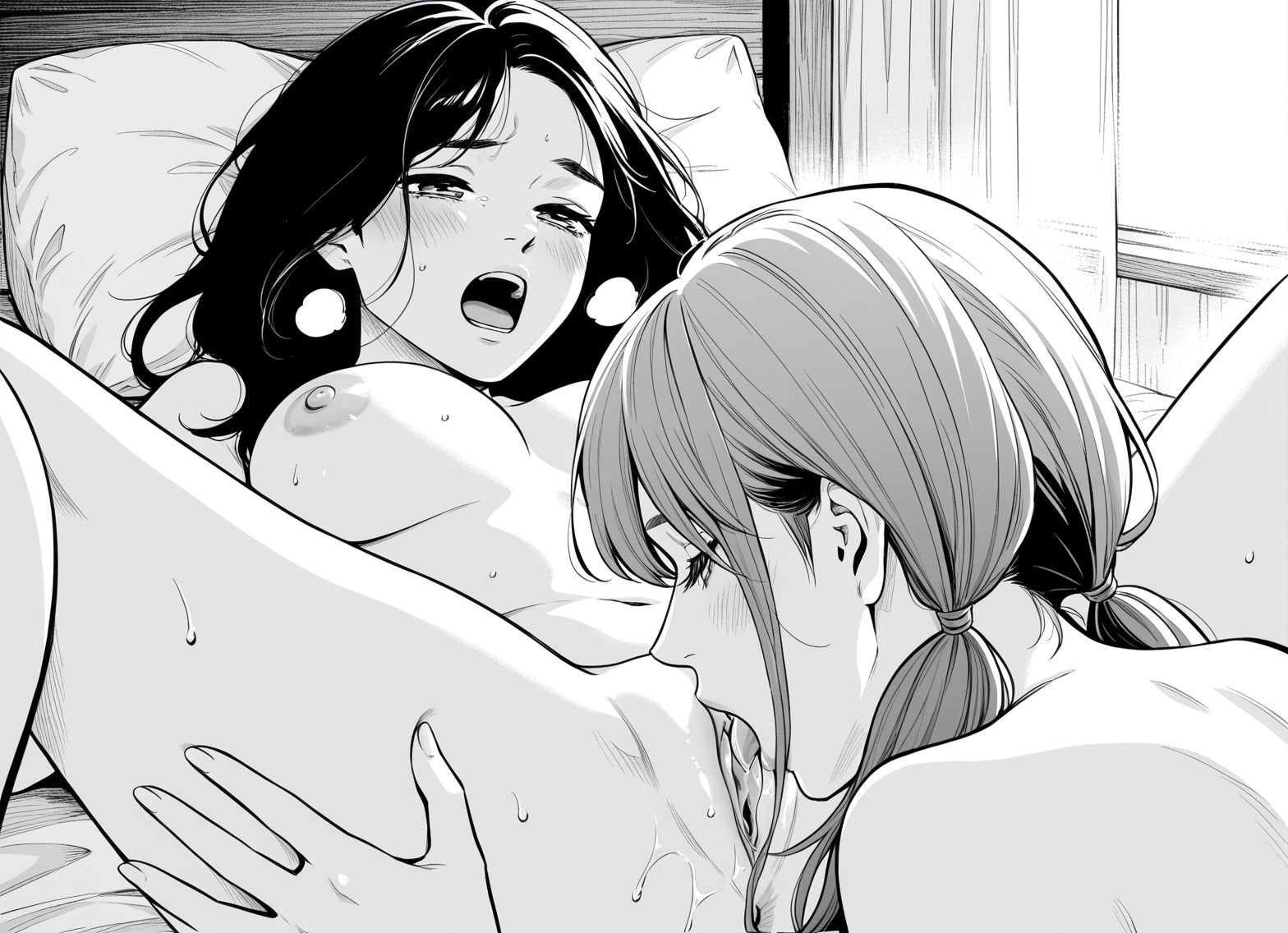 <lora:add-detail-xl:0.5>,,masterpiece,best quality,anime coloring,anime screenshot,
moaning, open mouth, heavy breathing,  on bed, 
yuri, cunnilingus, pussy, licking, 
<lora:adabana:1>adabana_V1,
multiple girls,2girls,greyscale,
monochrome,nude,breasts,
nipples,
a_mako,grey hair,
twintails,
BREAK
a_mitsuki,long hair, black hair, 
20YO, milf,