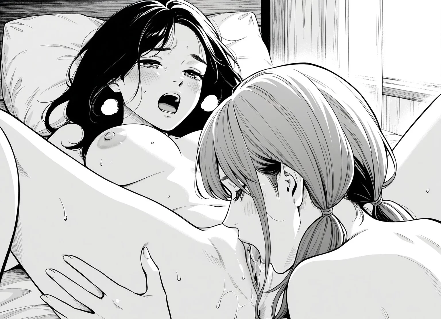 <lora:add-detail-xl:0.5>,,masterpiece,best quality,anime coloring,anime screenshot,
moaning, open mouth, heavy breathing, on bed,
yuri, cunnilingus, pussy, licking,
<lora:adabana:1>adabana_V1,
multiple girls,2girls,greyscale,
monochrome,nude,breasts,
nipples,
a_mako,grey hair,
twintails,
BREAK
a_mitsuki,long hair, black hair,
20YO, milf,