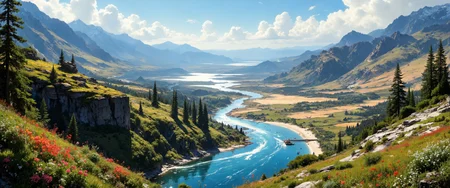 Sweeping aerial view, expansive valley mosaic: lush emerald forest, arid golden desert, rugged snow-capped mountains, shimmering coastal shoreline. Intricate natural textures, radiant sunlit gradients, soft ambient glow, crisp cool shadows. Close-up on delicate wildflowers, detailed rocky formations, dynamic tracking of meandering river. Eye-level perspective capturing serene water ripple reflections, dramatic low-angle view of ancient stone outcrops. Rich spatial composition, atmospheric mist, dewy morning freshness, vivid natural color palette. 8k resolution, masterpiece quality, intricate detail, natural gradients, emotive environmental splendor, timeless natural epiphany, breathtaking biomes interwoven into a harmonious, vibrant landscape. <lora:Rainbow_on_black_style-000003:0.6> <lora:CPA:0.5> <lora:MysticFantasy:0.3> <lora:artisketchyfs-v02:0.7> <lora:Dark_Gothic_Comic_style_v.2:0.1> <lora:flux_dev:1>