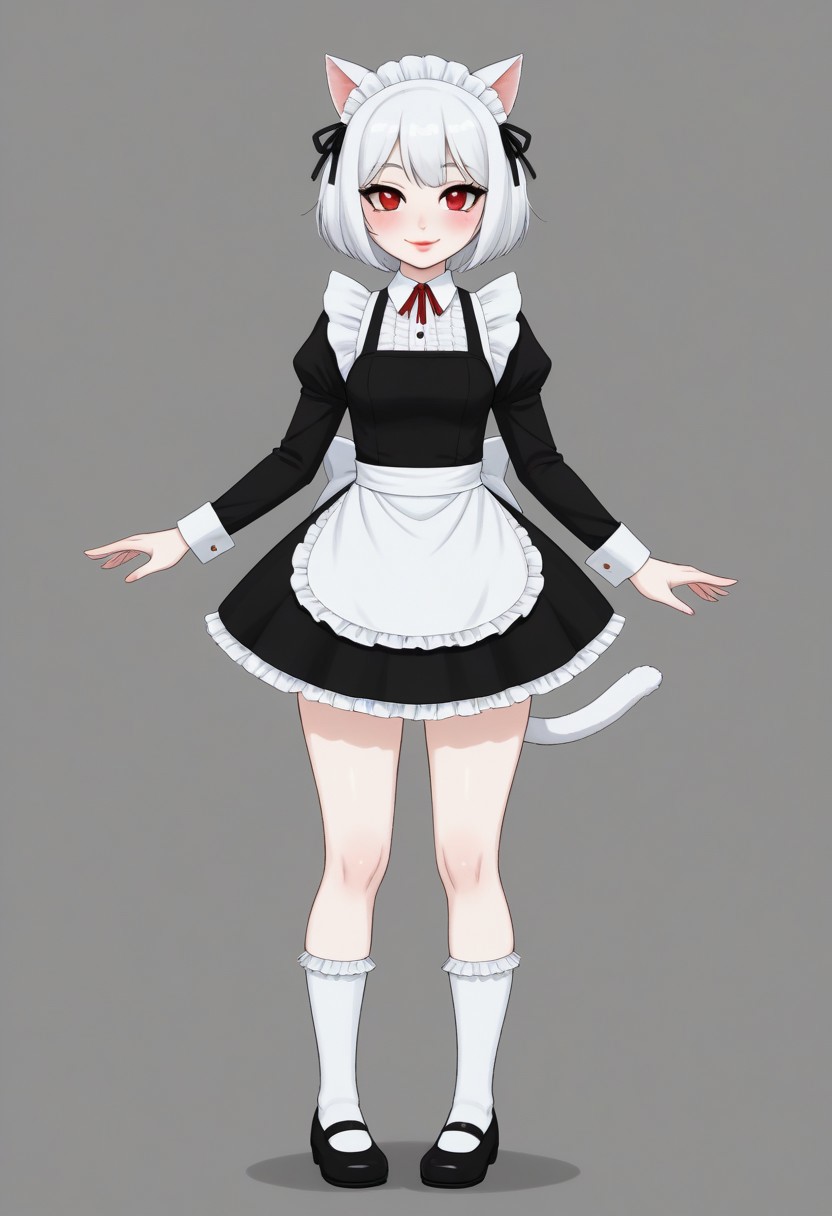 1girl, Whirte hair, White cat ears, white cat tail,  white skin, small boobs, wide hips, maid outfit , ankle socks, red eyes,semi close eyes , smile, lipstick , blush easynegative,ng_deepnegative_v1_75t