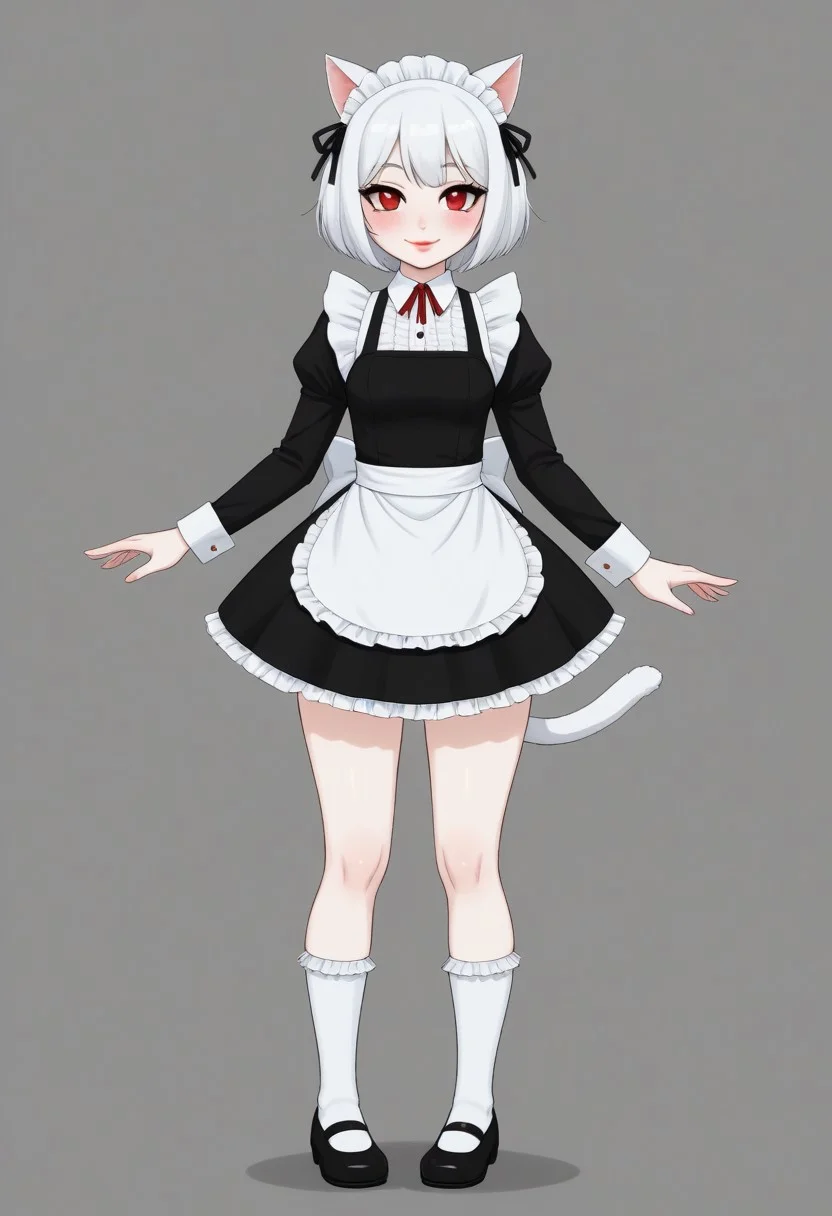 1girl, Whirte hair, White cat ears, white cat tail, white skin, small boobs, wide hips, maid outfit , ankle socks, red eyes,semi close eyes , smile, lipstick , blush easynegative,ng_deepnegative_v1_75t