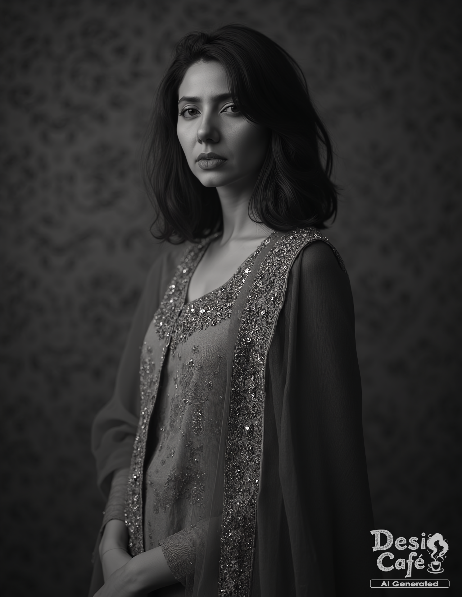 vintage greyscale photo of  mahira khan woman, hyper realistic photo that is safe for work, serious, studio quality image, well dressed wearing intricate long sleevedLong Anarkali Gown, hair styled as bob,muted shaded wallpaper background that contrasts with the person, cinematic lighting,âââââ  <lora:Mahira_Khan_Flux_Kohya_V1:1>âââ