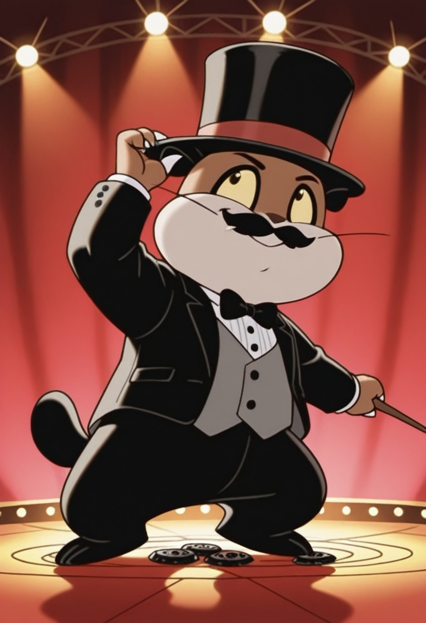 1other, animal focus, top hat, holding wand, darkness, standing, full body, hand on headwear, stage lights, stage, smile, formal clothes, tuxedo, floating pedal, high contrast, thick mustache,
BREAK
xiaozhuxiong, creature, brown body, black ears, black feet, short tail, black-tipped tail, puffy cheeks, yellow eyes, claws, whiskers,
BREAK
best quality, masterpiece, very aesthetic, absurdres, highest detailed, very awa, <lora:xiaozhuxiong_from_The_Legend_Of_Nezha_v1.0-000039:1>