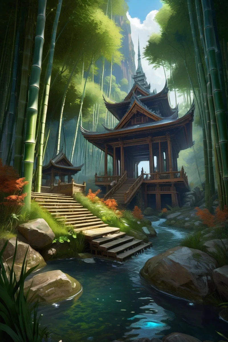bamboo forest valley with koi pond, petrified forest temples where crystal chandeliers grow like stalactites, the halls echoing with stone tablet prophecies, cinematic view, epic sky, detailed, concept art, low angle, high detail, warm lighting, volumetric, godrays, vivid, beautiful, trending on artstation, by jordan grimmer, huge scene, grass, art greg rutkowski,
 <lora:detailed_notrigger:0.7>, <lora:add-detail-xl:0.3>, oil painting art style from Renaissance period, masterful composition, Renaissance mood, renaissance oil painting, brush strokes, Baroque art style, dynamic composition, dramatic lighting, rich colors, intricate details, professional-grade execution, captures the grandeur and theatricality of the Baroque period